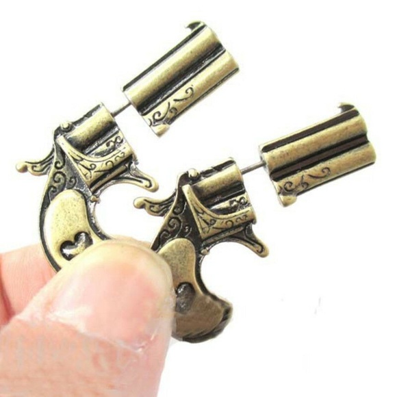 Gun Earrings 3D Punk Pistol Bullet Studs - Picture 1 of 7